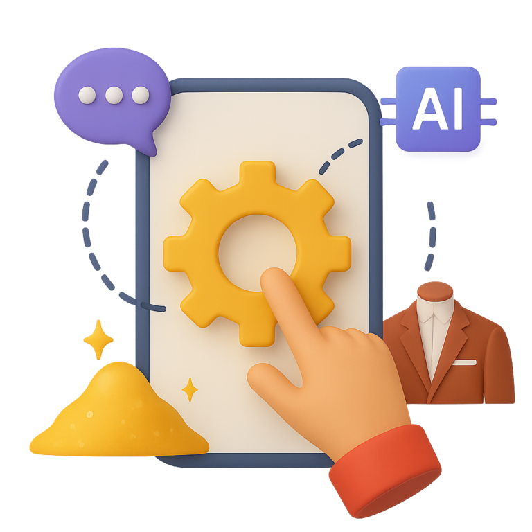 3D illustration of a hand tapping a gear on a smartphone, with AI chip, chat bubble, suit mannequin, and yellow sand pile around it.