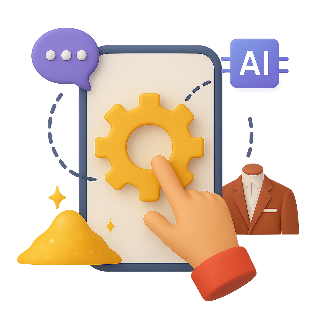 3D illustration of a hand tapping a gear on a smartphone, with AI chip, chat bubble, suit mannequin, and yellow sand pile around it.