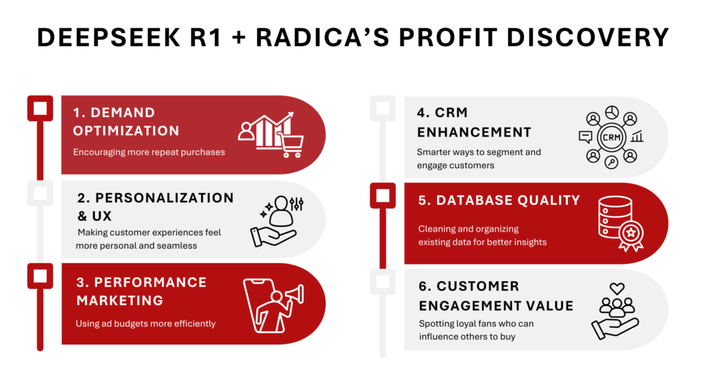 Graphic listing six marketing priorities: Demand Optimization; Personalization & UX; Performance Marketing; CRM Enhancement; Database Quality; Customer Engagement Value.