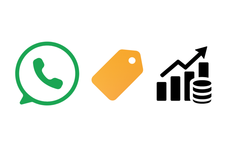Icons: WhatsApp chat bubble, yellow price tag, and rising bar chart with coins (transparent background).
