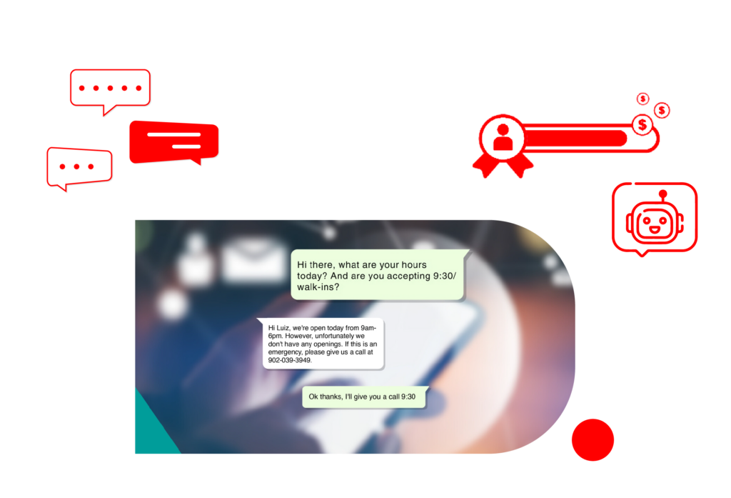 Whatsapp chatbot: customer asks today’s hours and 9:30 walk-ins; business replies with hours and phone; chat/user/chatbot icons around.